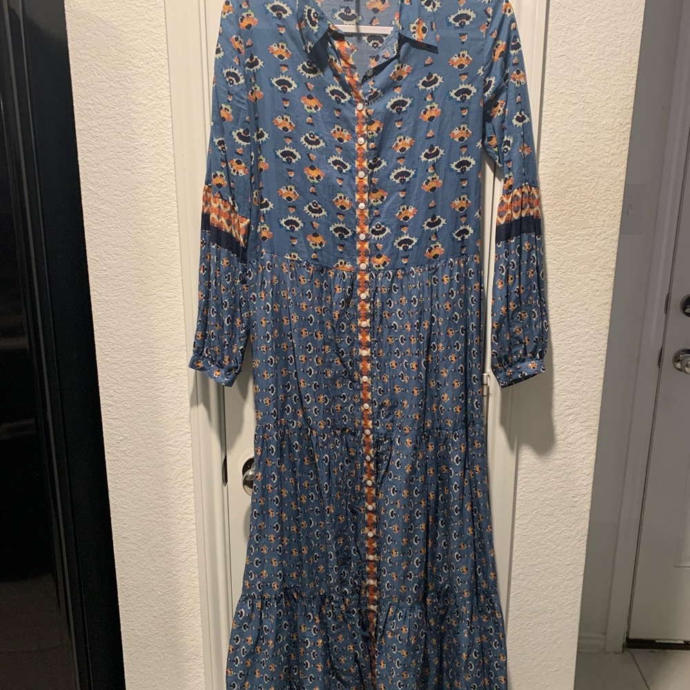 Free People Blue Tiered Sundress with Bishop Sleeves